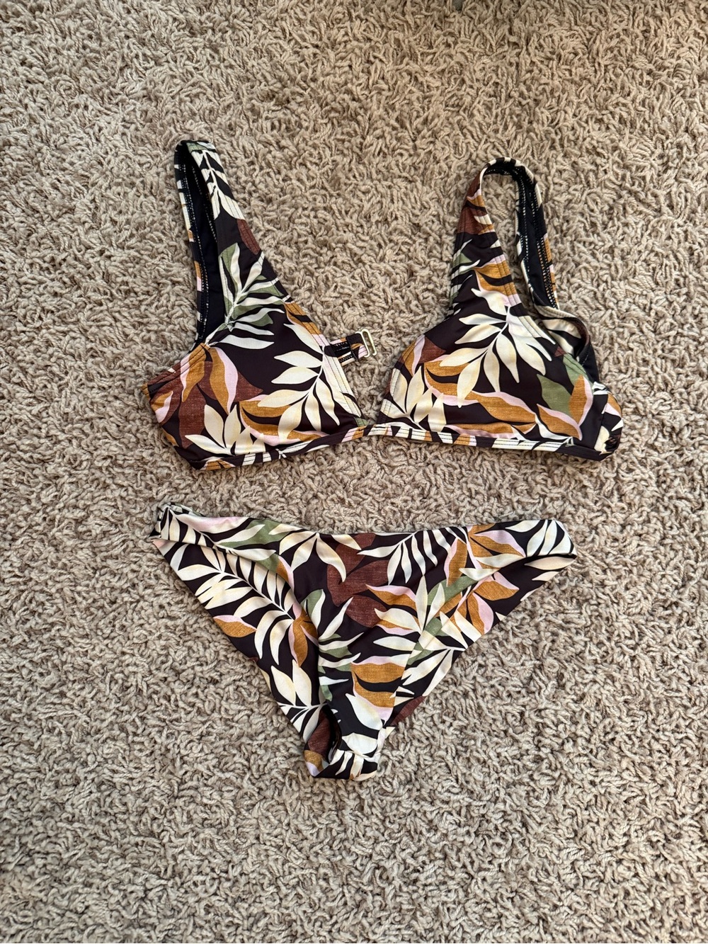 Billabong Black Floral Leaf Print Bikini - White, Green, Tan, Brown, Gold